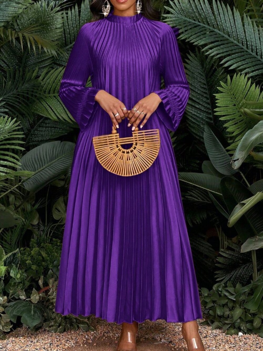 Purple Modest Women's Plus Size Tropical Stand Collar Maxi Dress - Picture 5 of 6